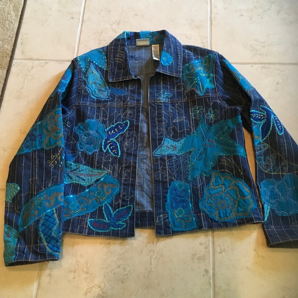 Chico's Blue Jean Jacket with Artistic Floral Design